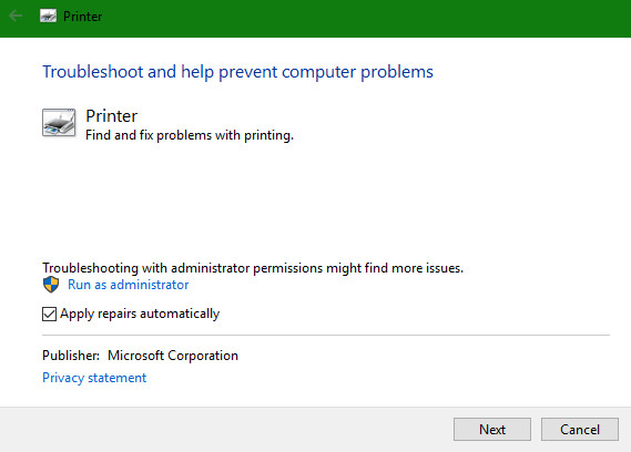 Chọn Next để khởi chạy trình khắc phục sự cố máy in 