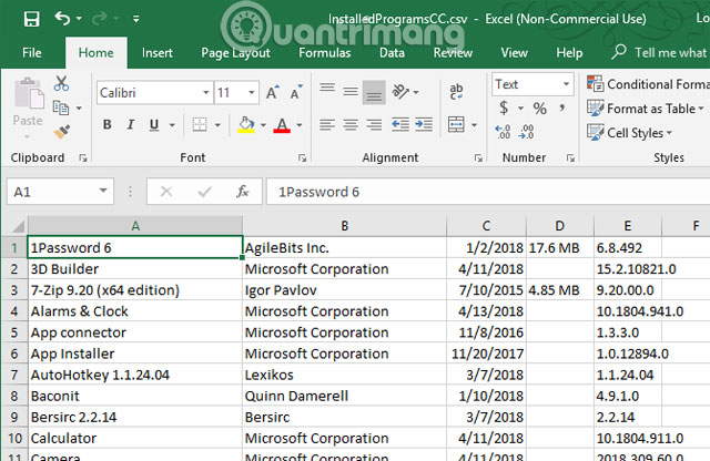 Danh sách được chuyển đổi thành bảng tính trong Excel