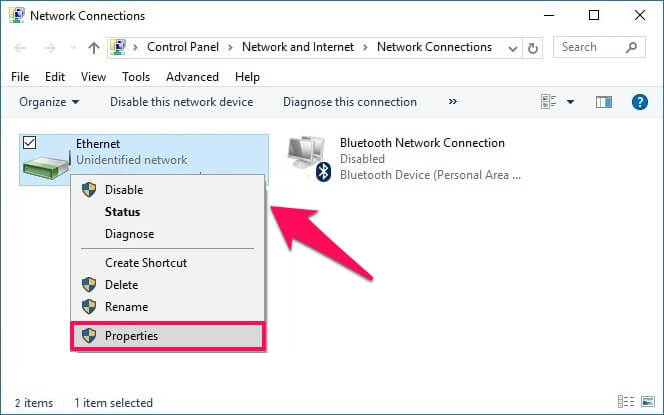 kích chuột phải vào kết nối mạng mà bạn đang sử dụng, chọn Properties