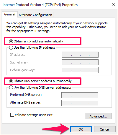 đánh tích chọn “Obtain an IP address automatically” và “Obtain DNS server address automatically”