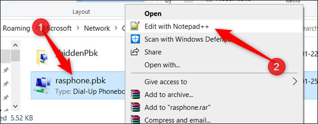 Nhấp chuột phải vào “rasphone.pbk”
