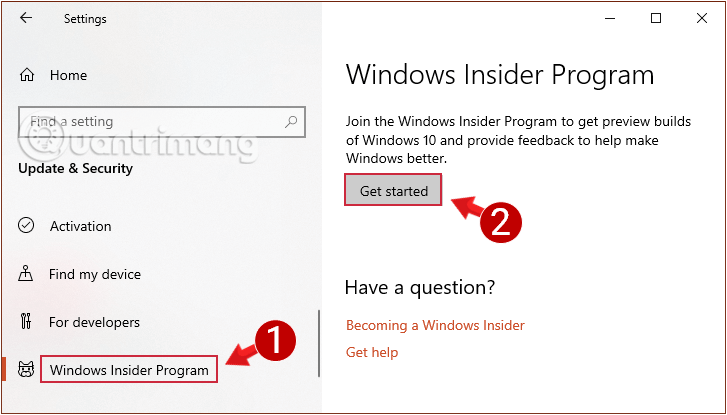 Chọn Get started trong Windows Insider program