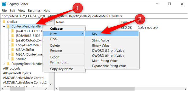 Nhấp chuột phải vào “ContextMenuHandlers”