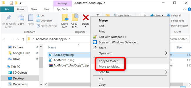 Các tùy chọn “Move to” và/hoặc “Copy to” xuất hiện