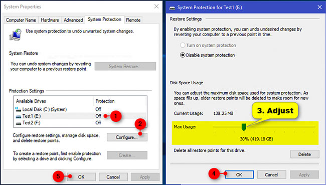 Cách quản lý không gian ổ đĩa cho Windows Backup trong Windows 10 Điều chỉnh thanh trượt Max Usage