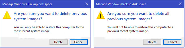 Cách quản lý không gian ổ đĩa cho Windows Backup trong Windows 10 Nhấn vào Delete để xác nhận
