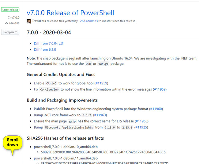 Cuộn xuống phần Assets cho Powershell 7.0.0