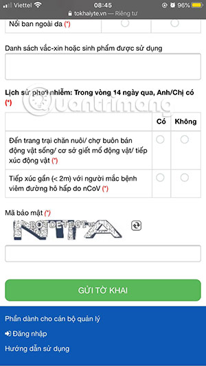 khai báo sức khỏe trên điện thoại