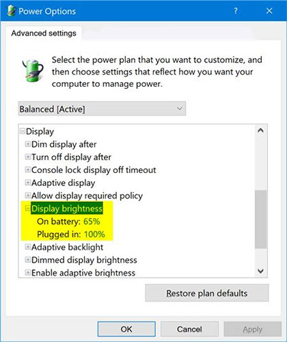 Cài đặt Display brightnes trong Power Options