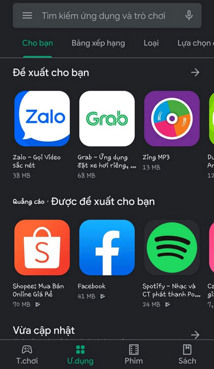 Dark theme trên ứng dụng Google Play Store