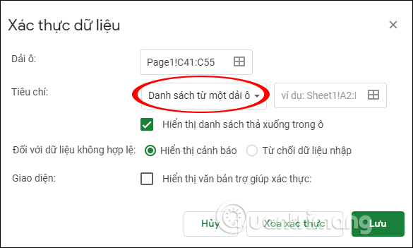 Chọn danh sách là phạm vi ô 