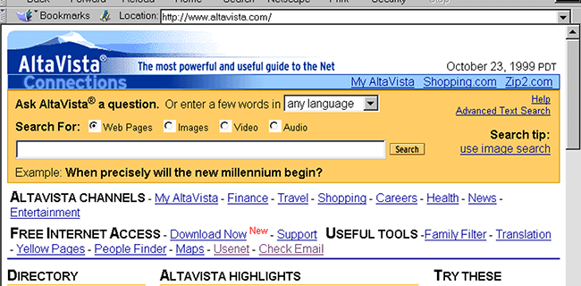 Giao diện trang web tìm kiếm AltaVista
