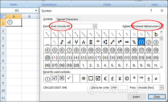 Symbol trong Excel 