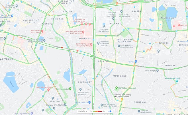 Tình hình giao thông của Hà Nội trong mùa dịch COVID-19, đường phố thông thoáng có màu xanh lá chiếm chủ đạo.