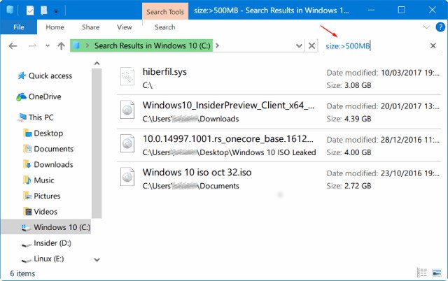 Tìm kiếm tệp lớn bằng File Explorer