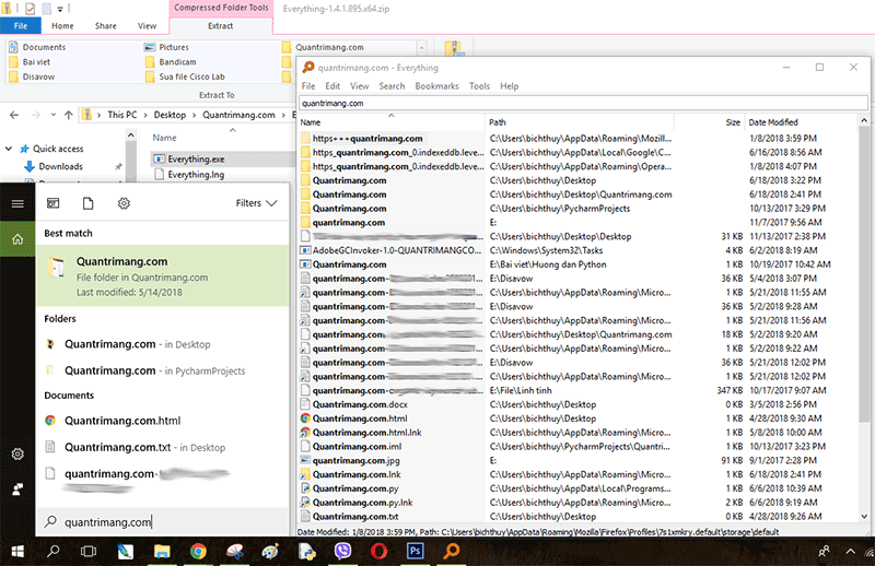 Kết quả tìm kiếm với Everything và Windows Explorer