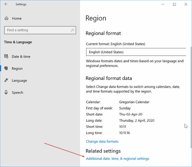 Nhấp vào liên kết Additional date, time, & regional settings