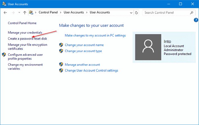 Nhấp vào liên kết có nhãn Create a password reset disk