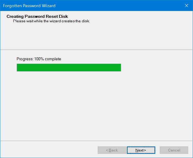 Nhấp vào nút Next sẽ bắt đầu tạo Password Reset Disk cho tài khoản