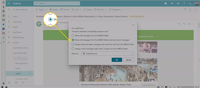 Chọn Move all messages from the Inbox folder and any future messages