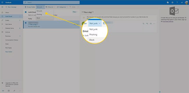 Chọn danh sách drop-down có nhãn Not junk, sau đó chọn Block