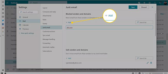 Trong phần Blocked senders and domains, chọn Add
