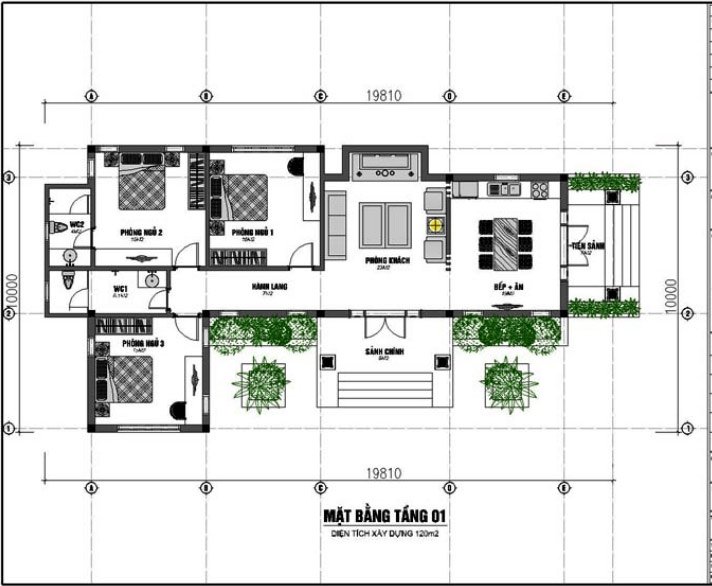 Bản vẽ biệt thự 1 tầng hiện đại, 3 phòng ngủ