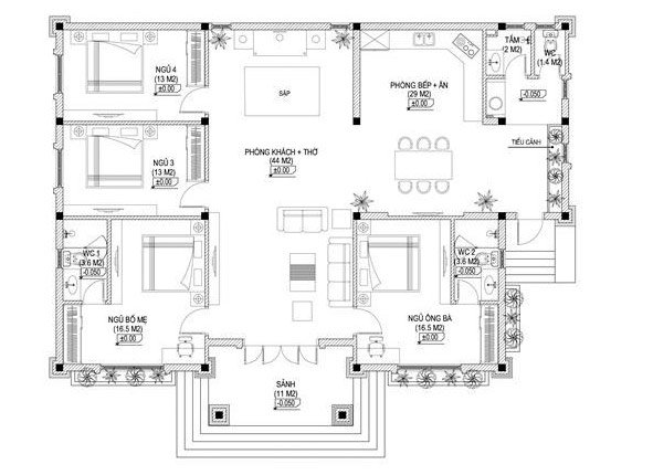 Bản vẽ biệt thự 1 tầng mái thái 4 phòng ngủ