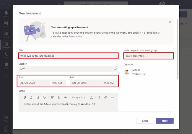 Xác nhận tên của sự kiện trực tiếp trên Microsoft Teams