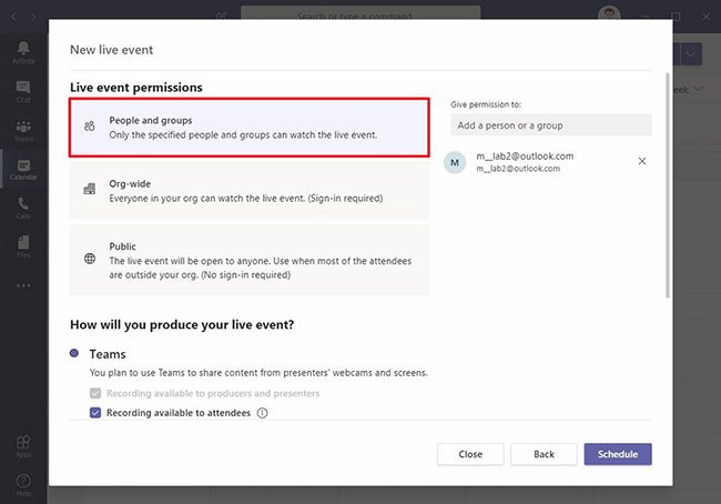 Chọn quyền cho sự kiện trực tiếp trong Teams