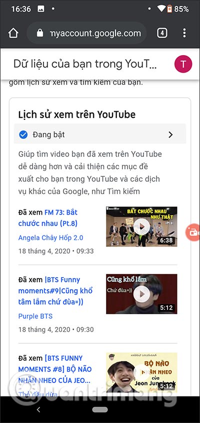 Lịch sử video đã xem