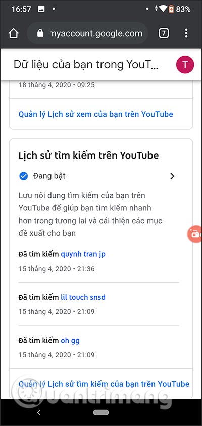 Lịch sử video đã tìm kiếm 