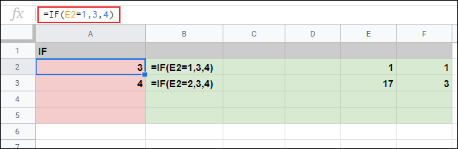 =IF(E2=1,3,4) khiến IF trả về số 3, nếu ô E2 bằng 1