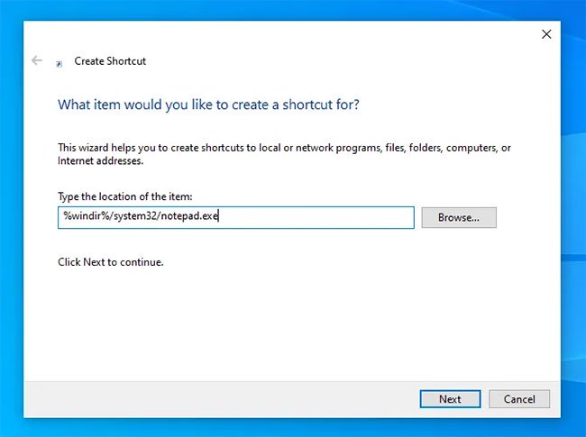 Bạn sẽ được yêu cầu nhập vị trí của mục mà bạn muốn tạo shortcut