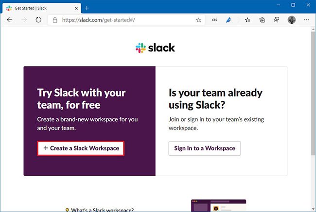 Nhấp vào nút Create a Slack Workspace