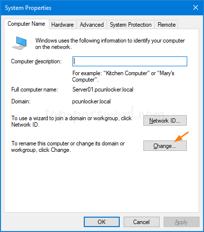 Nhấp vào nút Change ở dưới cùng của tab Computer Name