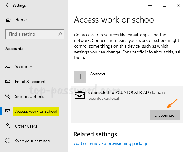 Nhấp vào biểu tượng có nhãn Connected to (domain của bạn) AD domain, sau đó bấm Disconnect