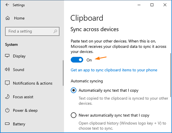 Bật công tắc chuyển đổi trong Sync across devices để bật tính năng đồng bộ clipboard