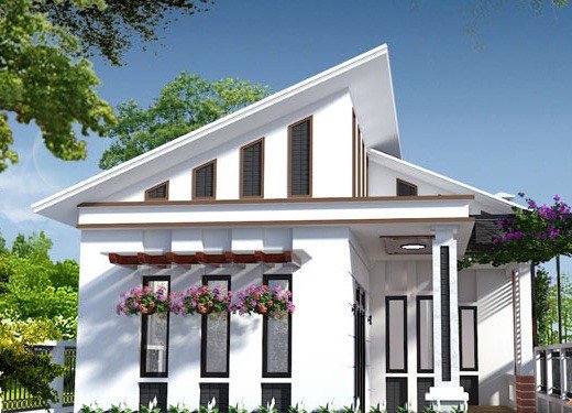 Ngôi nhà cấp 4 mái lệch với phần mái được thiết kế cách tân từ mái thái, ấn tượng với cấu trúc nếp mái lệch tâm, giật cấp