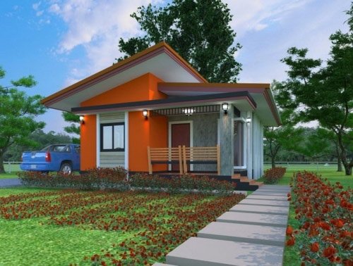 Mẫu nhà cấp 4 mái lệch hiện đại, tươi mới với bức tường màu cam nổi bật thể hiện được cá tính của gia chủ