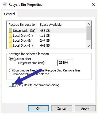 Bỏ chọn hộp kiểm Display delete confirmation dialog 