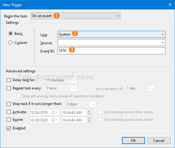 Nhấp vào menu drop-down Log để chọn System, nhập 1074