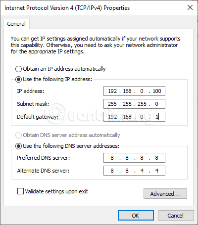 Chọn Use the following IP adress, nhập thông số để thiết lập IP thủ công