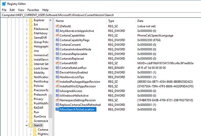 Đặt tên cho giá trị là AllowSearchToUseLocation