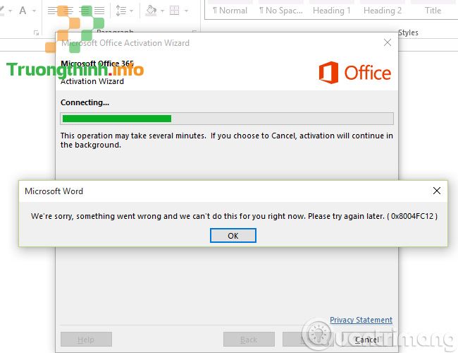 Lỗi khi kích hoạt Office mã 0x8004FC12