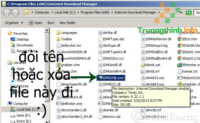 Đổi tên hoặc xóa file IDMGrHlp