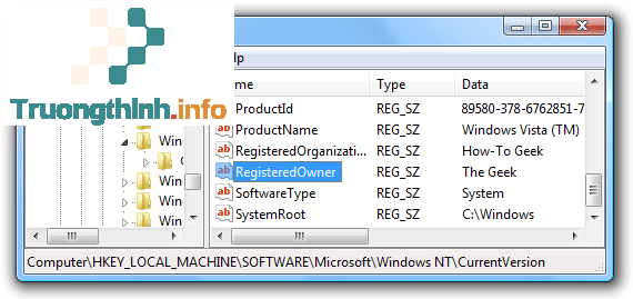 tìm key RegisteredOwner và key RegisteredOrganization