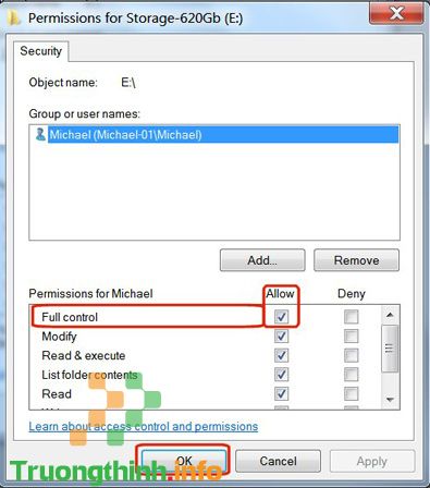 Tích vào ô Full control, sau đó nhấp vào nút OK trong cột Allow