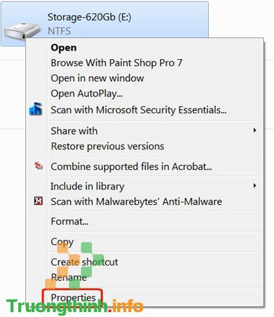 Nhấp chuột phải vào ổ đĩa và chọn Properties