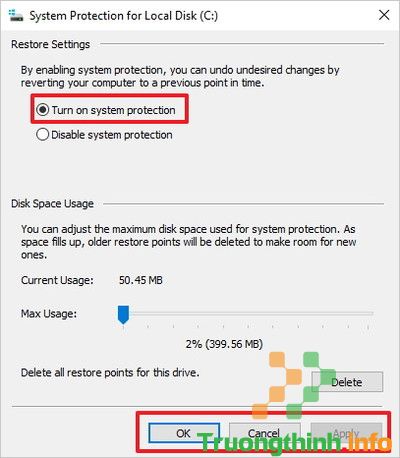 chọn Turn on system protection